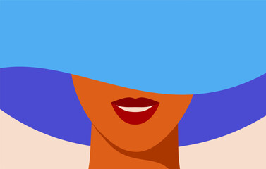 Young happy woman closed her face by blue hat. Abstract female portrait of face with red lips and toothy smile. Summer fashion beauty vector illustration
