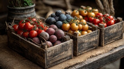 Farmers market summer vegetables Freshly harvested vegetables arranged in rustic wooden crates.
