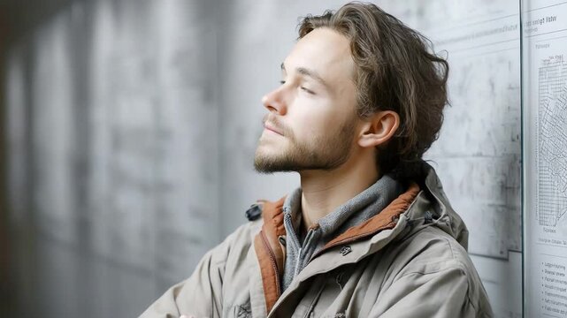 Contemplative Moment: A man leans serenely against a textured wall, his eyes closed in peaceful reflection, inviting viewers to pause and embrace the stillness of introspection. 