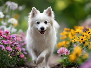 Happy white dog running through flower garden