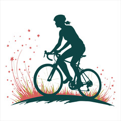 Silhouette of a female cyclist riding a vintage bike wearing a helmet