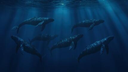 Several large whales swim through the depths of the ocean together