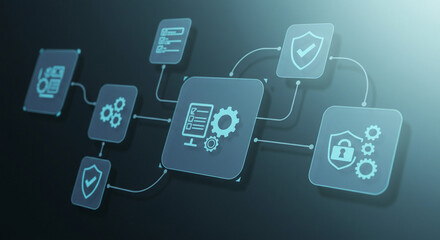 Abstract illustration with glowing icons representing workflow, security, and data management, connected by glowing lines.