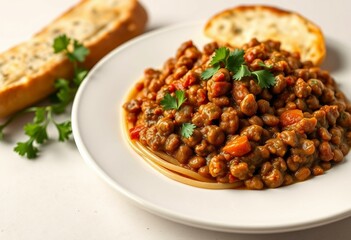 Fototapeta premium Steaming hot plate of Lentil Bolognese with garlic bread