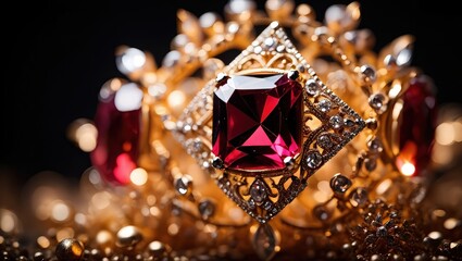 Fototapeta premium A close-up view of a diamond tiara set against a black background, featuring multiple red gemstones in a geometric pattern.