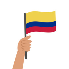 Hand holding a flag of Colombia. Vector illustration of the Colombian flag in flat style isolated on white background.