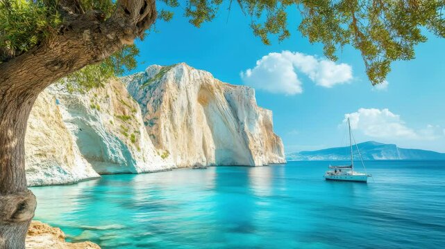 Stunning milos adamas landscape in greece with turquoise water and sailing boat, Milos Adamas travel landscape Greece tourism summer background