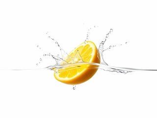 Lemon Splash in the Water: A vibrant citrus slice dramatically plunges into cool water, creating dynamic splashes, capturing freshness and natural fruit beauty.