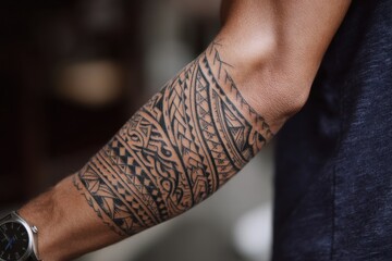 Intricate arm tattoo design of a Polynesian pattern.