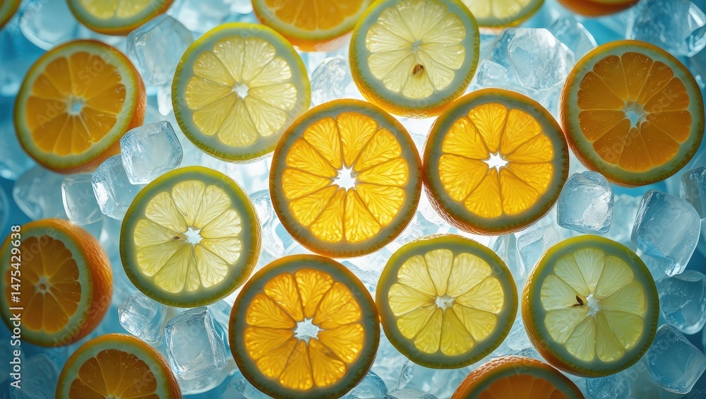 Aufkleber A cluster of lemons floating in ice cubes.