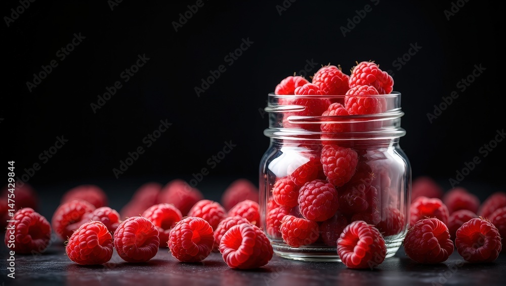 Poster a jar filled with red raspberries on a dark surface.