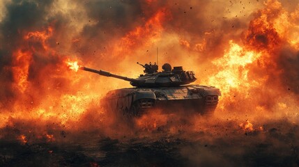 Modern battle tank advancing through fiery battlefield with explosions around it.