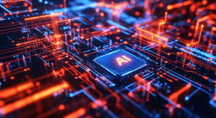 Obraz premium Artificial intelligence can be described by several terms including AI Chipset and Neural Network as well as Digital Brain and Computing Core and Data Highway