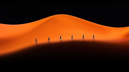 People walking across a desert dune under a dark sky