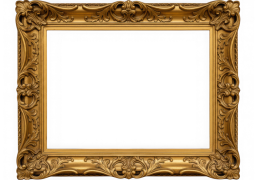 Ornate golden picture frame with vintage design isolated on transparent background