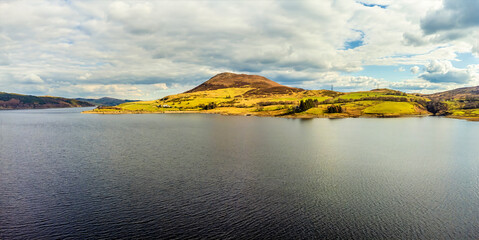An aerial view from the north shore across lake Tryweryn near Bala, Wales in springtime