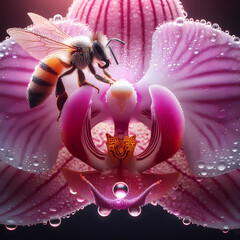 Close up of Orchid flower with a bee and dew drops