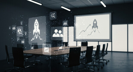 Conference room visualization showcasing icons of project management, rocket launch, team collaboration, and rising trajectory.