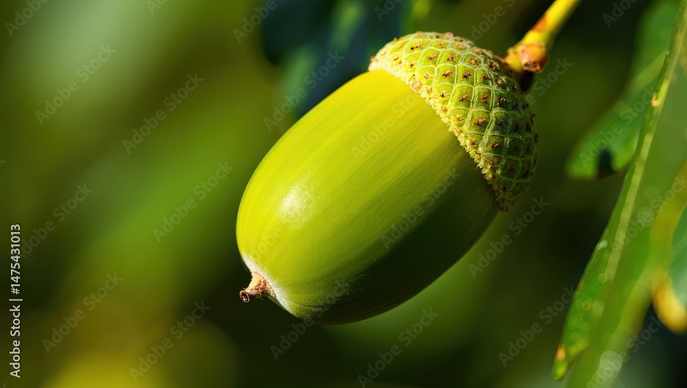 Aufkleber a single green acorn on a tree branch.
