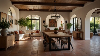 Fototapeta premium Spacious, open-plan interior dining room with terracotta floors.
