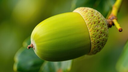 A single green nut on a tree branch.
