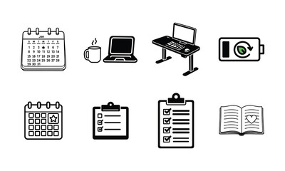 Business Icons &ndash; Calendar, Laptop, Coffee, Book, Battery, Checklist