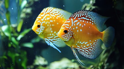Obraz premium Two vibrant discus fish swimming gracefully in a lush aquarium, surrounded by aquatic plants and bubbles