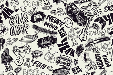 Doodle gaming print, music, teenagers elements for sport and school textile, wrapping paper. Monochrome background with game pad, pizza, street art graffiti words, guitar, rabbit, bear, skateboard