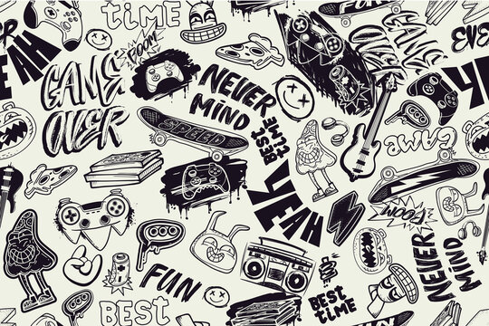 Doodle gaming print, music, teenagers elements for sport and school textile, wrapping paper. Monochrome background with game pad, pizza, street art graffiti words, guitar, rabbit, bear, skateboard