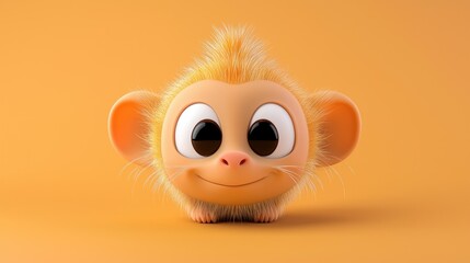 A small cartoon character monkey smiling at the viewer from orange background