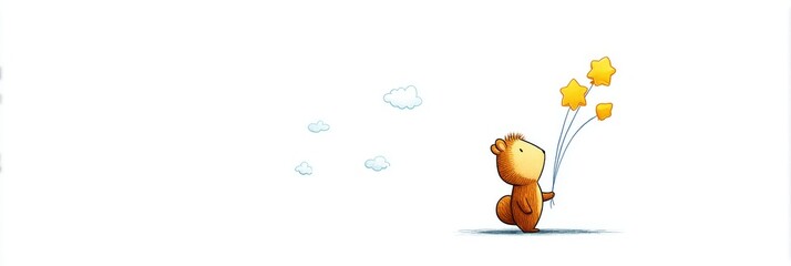Little Squirrel and Star Balloons Illustration - A cute squirrel holds star-shaped balloons, symbolizing dreams, hope, joy, freedom, and wonder. Simple, whimsical