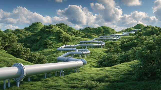 Expansive gas pipeline traversing green hills under partially cloudy sky