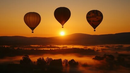 Obraz premium Three hot air balloons are floating during a beautiful sunrise