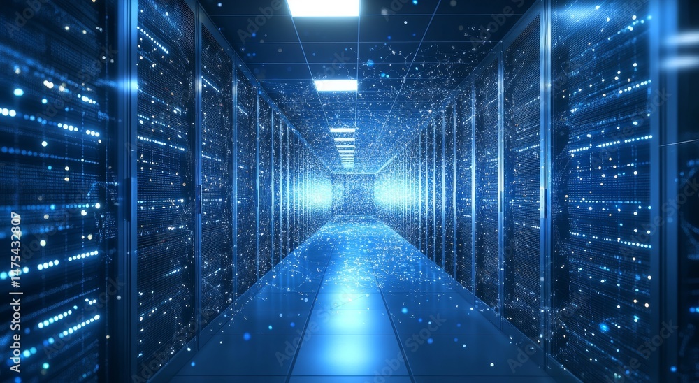 Poster futuristic data center background image for cybersecurity articles, visual representation for data s