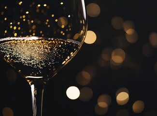 Glass of Sparkling Wine with Golden Bokeh Background
