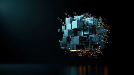 A cluster of abstract cubes suspended in a dark environment