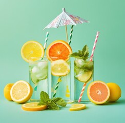 Refreshing Citrus Drinks with Straws and Umbrellas