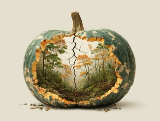 A split pumpkin reveals a serene autumnal landscape.