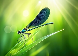 Dragonfly on Blade of Grass in Sunlight
