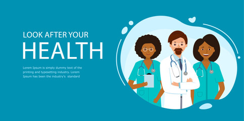 Poster or banner with Group of doctors, medical center. Comes to help doctors and nurses.