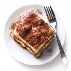 Delicious tiramisu dessert with cocoa powder sprinkled on top with fork on plate white background top view