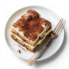 Delicious Italian tiramisu dessert on a white plate with a fork top view white background