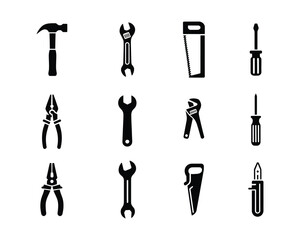 Construction Tools Vector Set – Spanner, Cutter, File, Drill Silhouettes