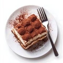 Delicious tiramisu dessert dusted with cocoa powder on white plate with fork top view white background