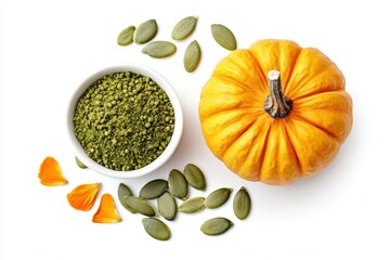 Overhead shot of a small pumpkin with seeds and a bowl of green powder on white background