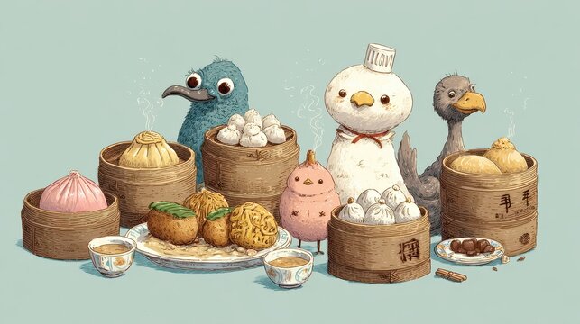 Cute animal characters serving various dim sum dishes.