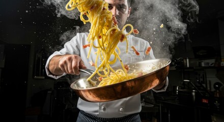 Expert chef skillfully tosses pasta in a pan, creating a dynamic culinary display