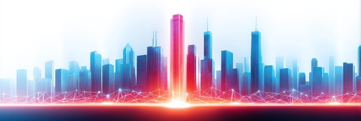 Fototapeta premium Networked Cityscape at Night - A vibrant cityscape at night, illuminated by glowing network connections, symbolizing technology, innovation, connection, progress, and future