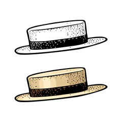 Hat with ribbon. Vintage color engraving illustration. Isolated on white background. Hand drawn design element for poster