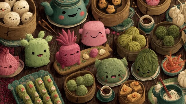 Colorful assortment of stylized dim sum dishes on a wooden table.